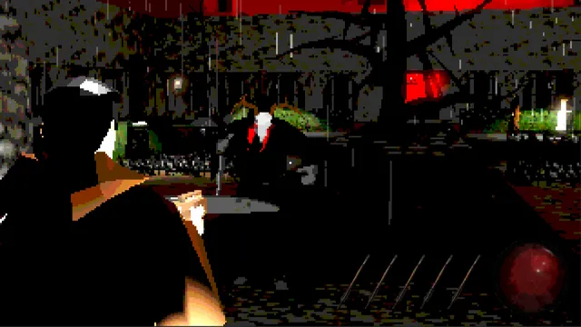 A pixelated low-poly scene in the rain: a horned figure in red faces the player across a dark courtyard