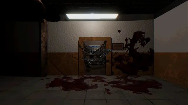 A chained-shut door in the base with blood pooled on the floor and splashed on the wall