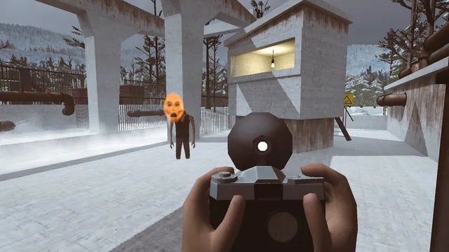 First-person view holding an old camera toward a figure with a glowing orange mask in a snowy compound