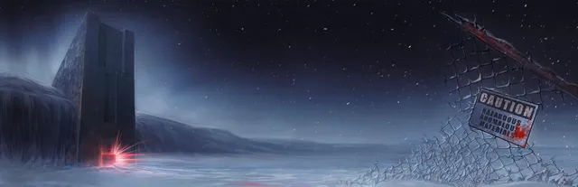 Dread X Collection: The Hunt key art: a dark tower on an icy plain at night with a red light at its base, a torn fence and a hazardous materials sign