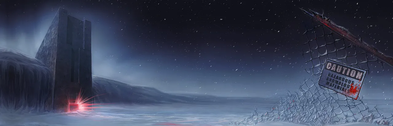Dread X Collection: The Hunt key art: a dark tower on an icy plain at night with a red light at its base, a torn fence and a hazardous materials sign