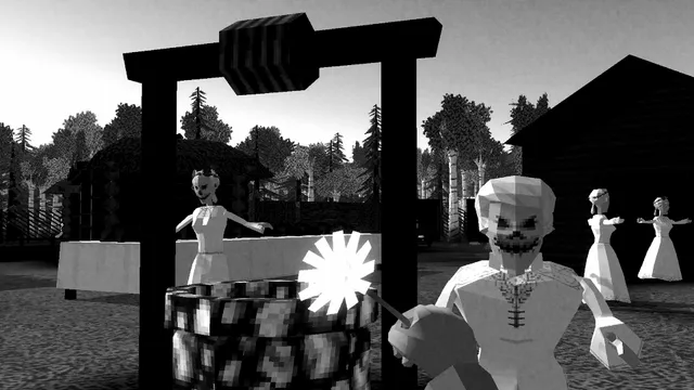 Black-and-white low-poly villagers in folk dress with skull-like faces gathered around a well, a bright burst of light in the player's hand
