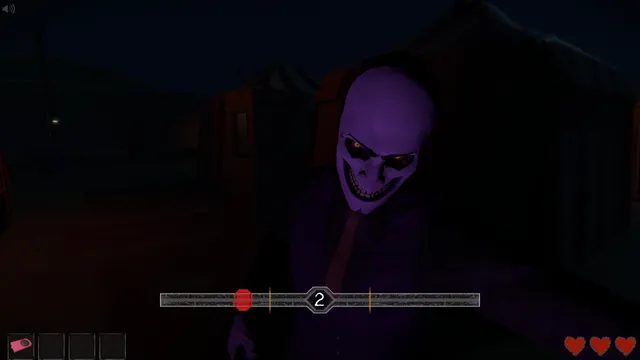 A grinning purple-skinned figure in a suit looms in the dark beside a carnival tent, with a timing bar and three hearts on screen
