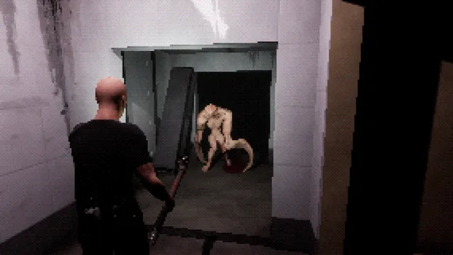 A bald man with a pole faces a pale, crouching creature in a doorway, in pixelated third-person 3D
