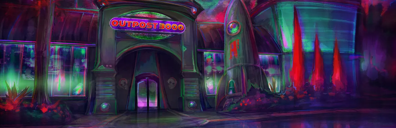 Dread X Collection 5 key art: the neon-lit entrance of the Outpost 3000 party venue with a rocket ship statue outside