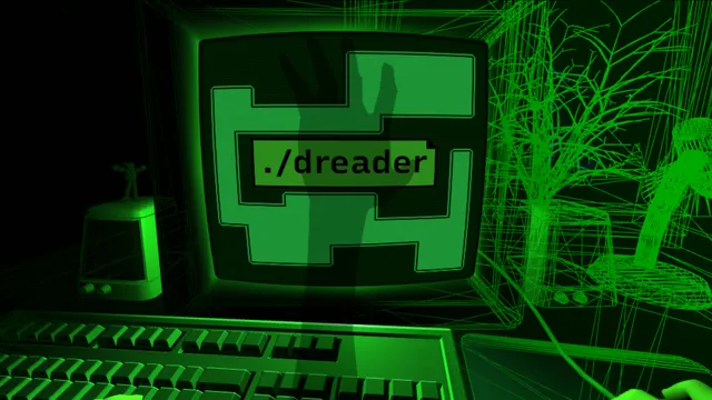 Dreader screenshot: a maze labelled ./dreader on the glowing monitor while a hand print shadow falls across it and green wireframe trees fill the window