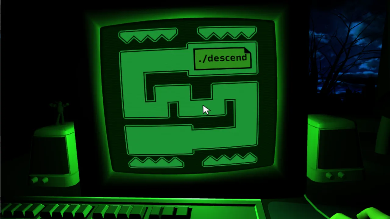 Dreader screenshot: a green CRT monitor shows a maze labelled ./descend with the cursor inside, a stormy night through the window