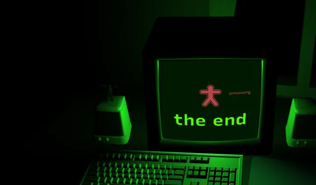 Dreader screenshot: the old computer in the dark showing a red stick figure, the word processing and the end