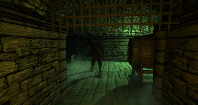 Dreadhalls screenshot: a horned creature runs toward you through a green-lit dungeon cellar beside a barrel
