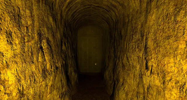 Dreadhalls screenshot: a narrow tunnel cut into rock, lit yellow by the lantern, leads to a wooden door