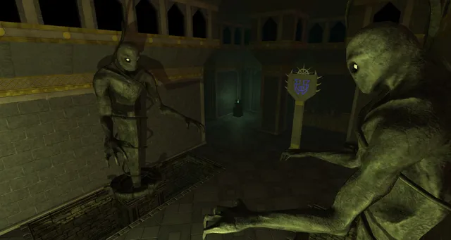 Dreadhalls screenshot: two pale, bald creatures with glowing eyes lean toward you in a dark dungeon hall
