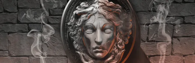 Dreadhalls key art: a stone face medallion with blank eyes set in a dungeon wall, wreathed in smoke