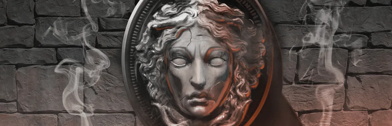 Dreadhalls key art: a stone face medallion with blank eyes set in a dungeon wall, wreathed in smoke