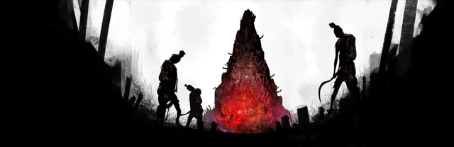 DreadOut 2 key art: dark silhouettes of long-haired ghouls around a tall red glowing mound against a pale sky