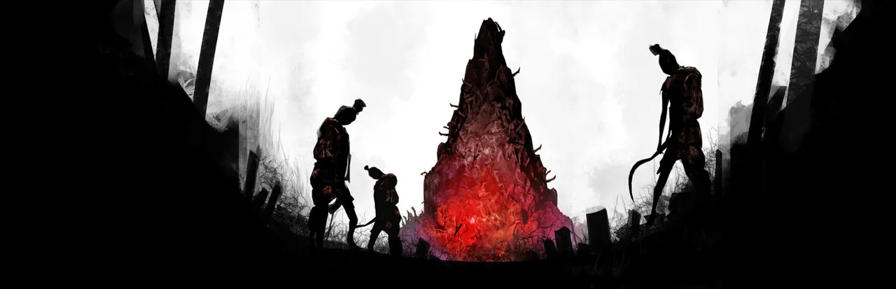 DreadOut 2 key art: dark silhouettes of long-haired ghouls around a tall red glowing mound against a pale sky