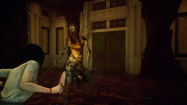 A rotting ghoul looms over Linda as she crawls across a dark, blood-stained courtyard