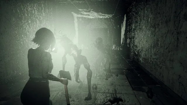 Linda raises an axe at a group of pale creatures crowding toward her in a misty alley
