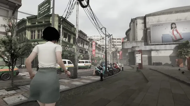 Linda walks down a busy Indonesian street by day, past shops, minibuses and parked motorbikes