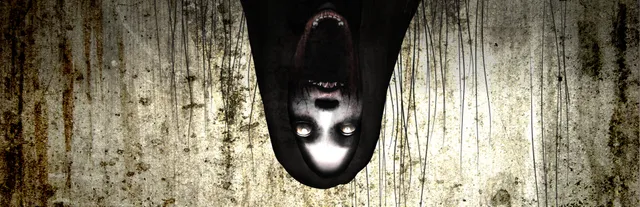 DreadOut key art: a long-haired ghost with white eyes and an open mouth hanging upside down against a stained, scratched wall