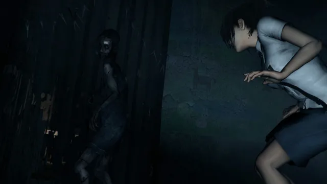 Linda in her school uniform recoiling from a grey, hunched ghost in a dark corridor