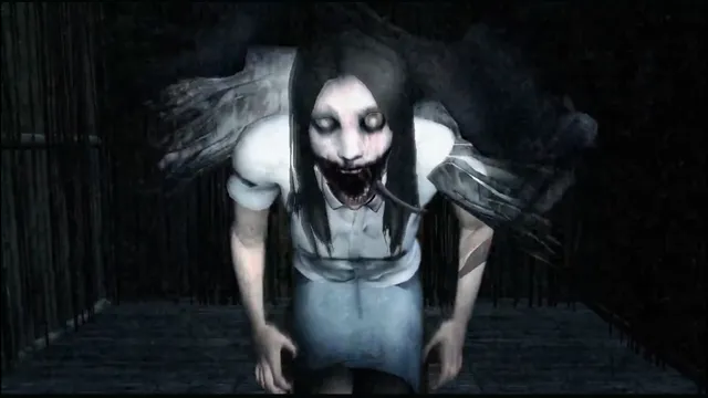 A pale ghost girl with black hair and a gaping mouth leans toward the camera in a dark room