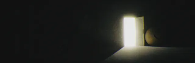 Dreamcore key art: a single lit doorway open in a pitch-black room