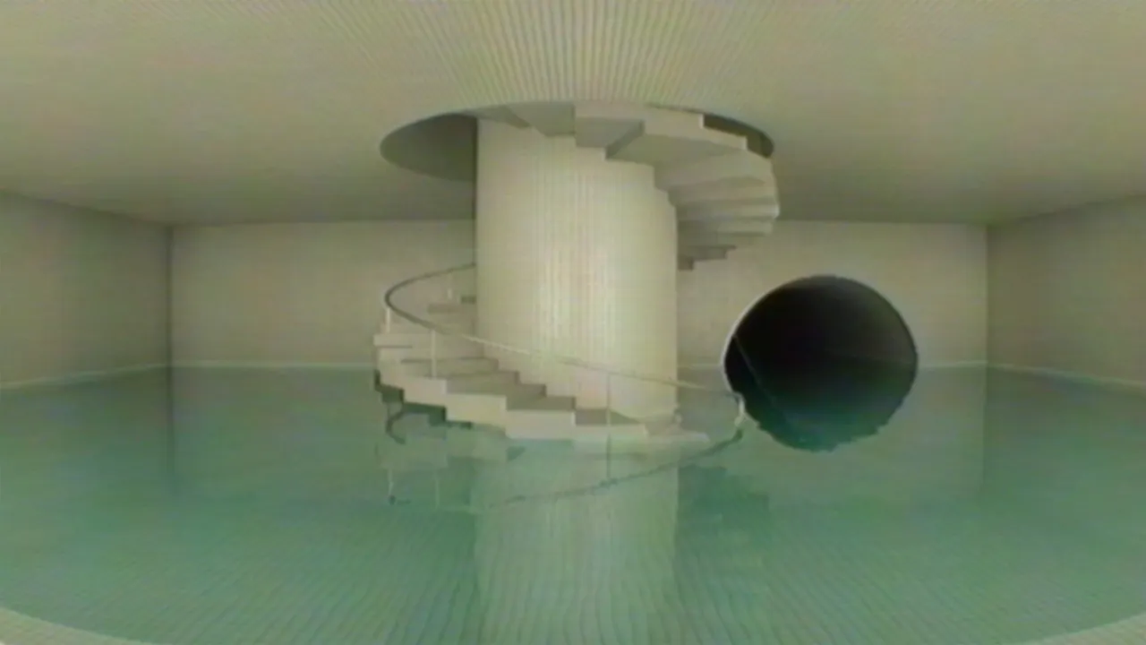 A still tiled pool hall with a white spiral staircase and a dark round opening in the wall