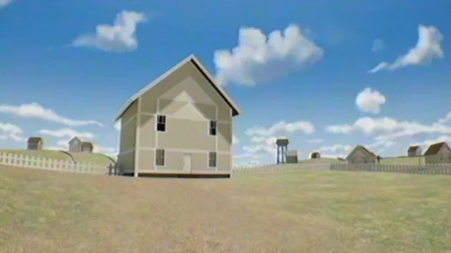 Eternal Suburbia: an identical grey house on a lawn under a bright blue sky, more houses beyond