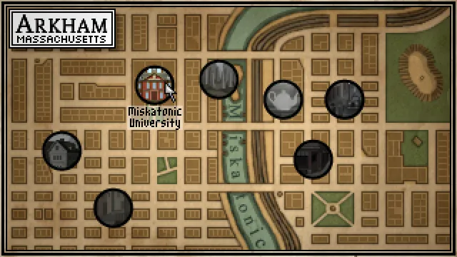 Dreams in the Witch House: the map of Arkham, Massachusetts, with Miskatonic University marked