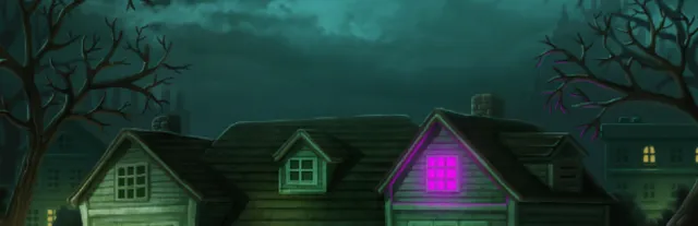 Dreams in the Witch House key art: Arkham rooftops under a green night sky, with one window glowing purple