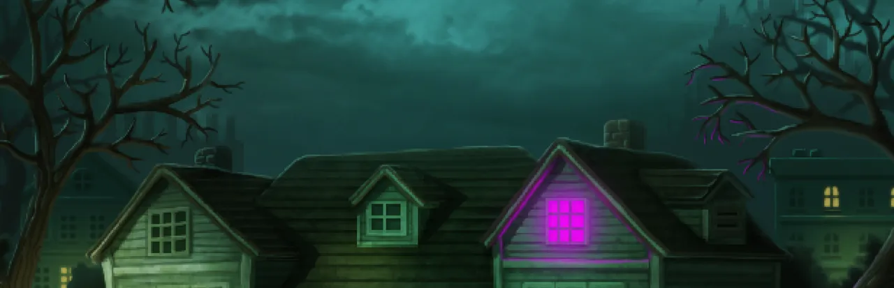 Dreams in the Witch House key art: Arkham rooftops under a green night sky, with one window glowing purple