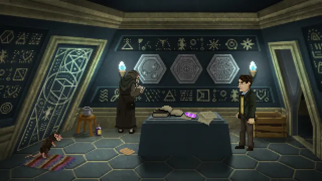 Dreams in the Witch House: Walter faces a robed figure in a room covered in occult symbols