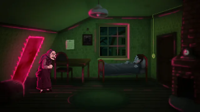 Dreams in the Witch House: an old woman creeps toward Walter asleep in bed in a green and pink lit attic room