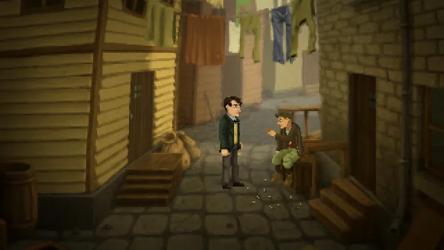 Dreams in the Witch House: Walter talks to a man sitting in a narrow alley under washing lines