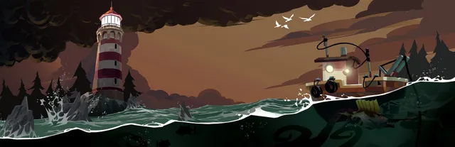 DREDGE key art: a small fishing boat with lit windows beside a red and white lighthouse under a dark sky, with tentacles and strange fish in the green water below