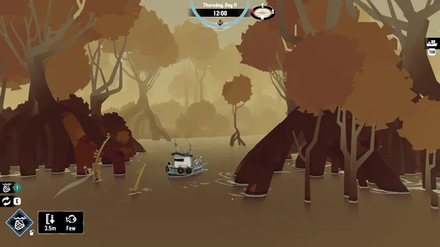 The player's trawler drifts through a misty brown mangrove swamp, with a day counter and clock on the HUD
