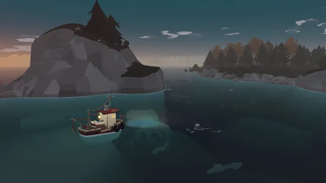 The fishing boat at dusk near rocks and pine-covered islands, with a large skull-shaped rock formation visible under the clear water