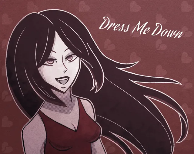 Dress Me Down cover: Marion, a smiling young woman with long dark hair in a red top, beside the title on a red background of hearts