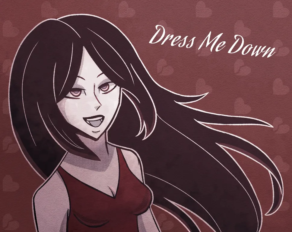 Dress Me Down cover: Marion, a smiling young woman with long dark hair in a red top, beside the title on a red background of hearts