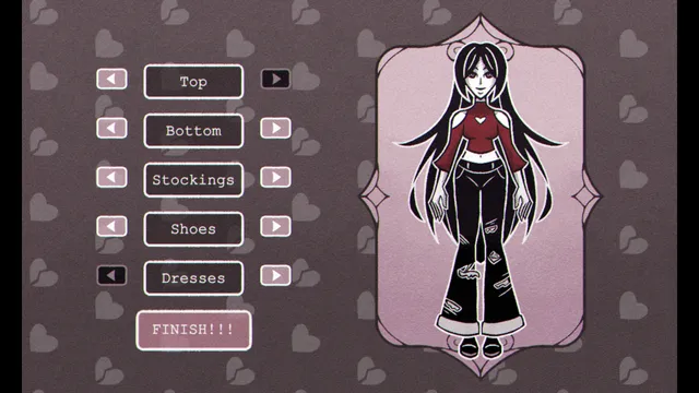 Dress Me Down screenshot: the dress-up screen with arrows for top, bottom, stockings, shoes and dresses beside a drawing of Marion