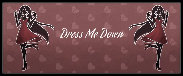 Dress Me Down banner: the title in white script between two drawings of Marion in a red dress