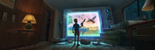 Duck Season key art: a boy with a light gun stands in a dark 1980s living room before a glowing TV showing flying ducks
