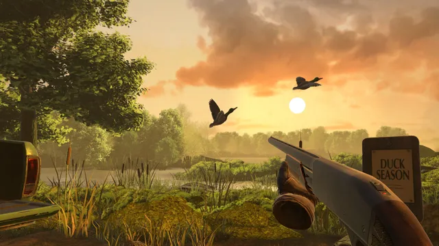 Duck Season: hunting ducks over a lake at sunset with a shotgun, inside the cartridge's game