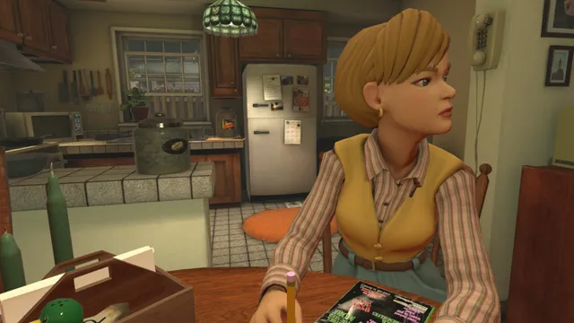 Duck Season: Mom sits at the kitchen table in a 1980s kitchen, looking away