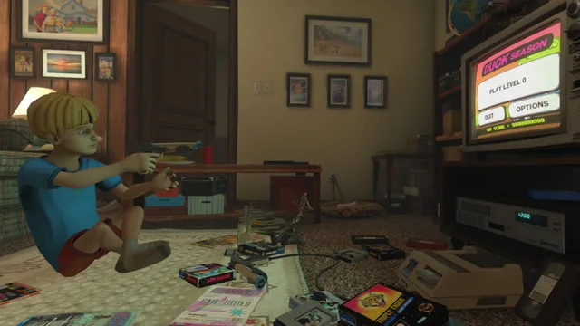 Duck Season: a boy aims a light gun at a TV showing the Duck Season title screen in a cluttered 1980s living room