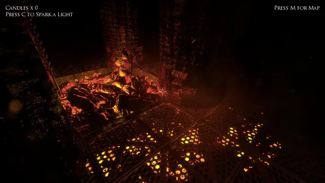 Glowing coals beneath iron grates in a dark brick vault, with chains hanging from the ceiling