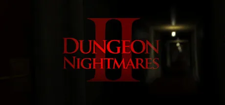 Dungeon Nightmares II title in red over a dark corridor with one light at its end