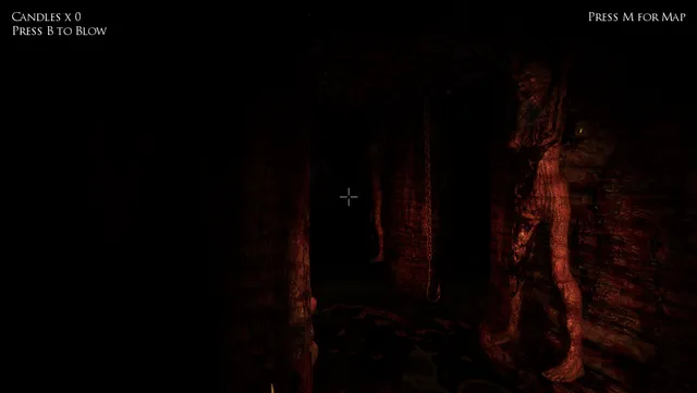 A flayed, red humanoid figure stands in the dark between dungeon pillars