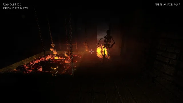 A burning skeleton stands in a dark stone dungeon beside a pit of glowing coals hung with chains