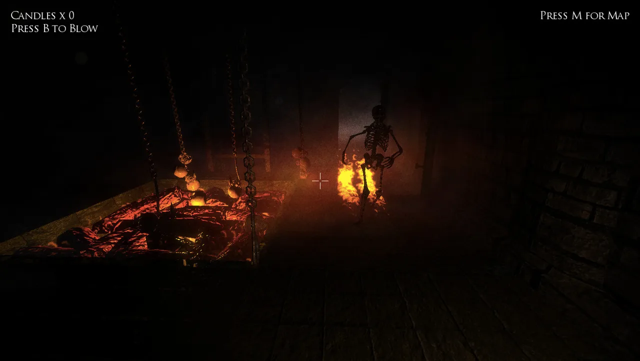 A burning skeleton stands in a dark stone dungeon beside a pit of glowing coals hung with chains